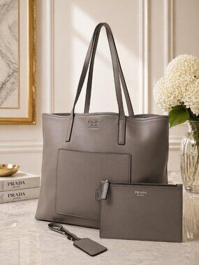 Authentic Prada Leather Tote Bag Gray Double Handle Large Shoulder Bag w/ Pouch